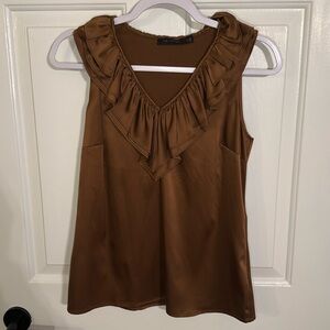 The Limited Brown Espresso Satin Tank Sleeveless Ruffle Top XS